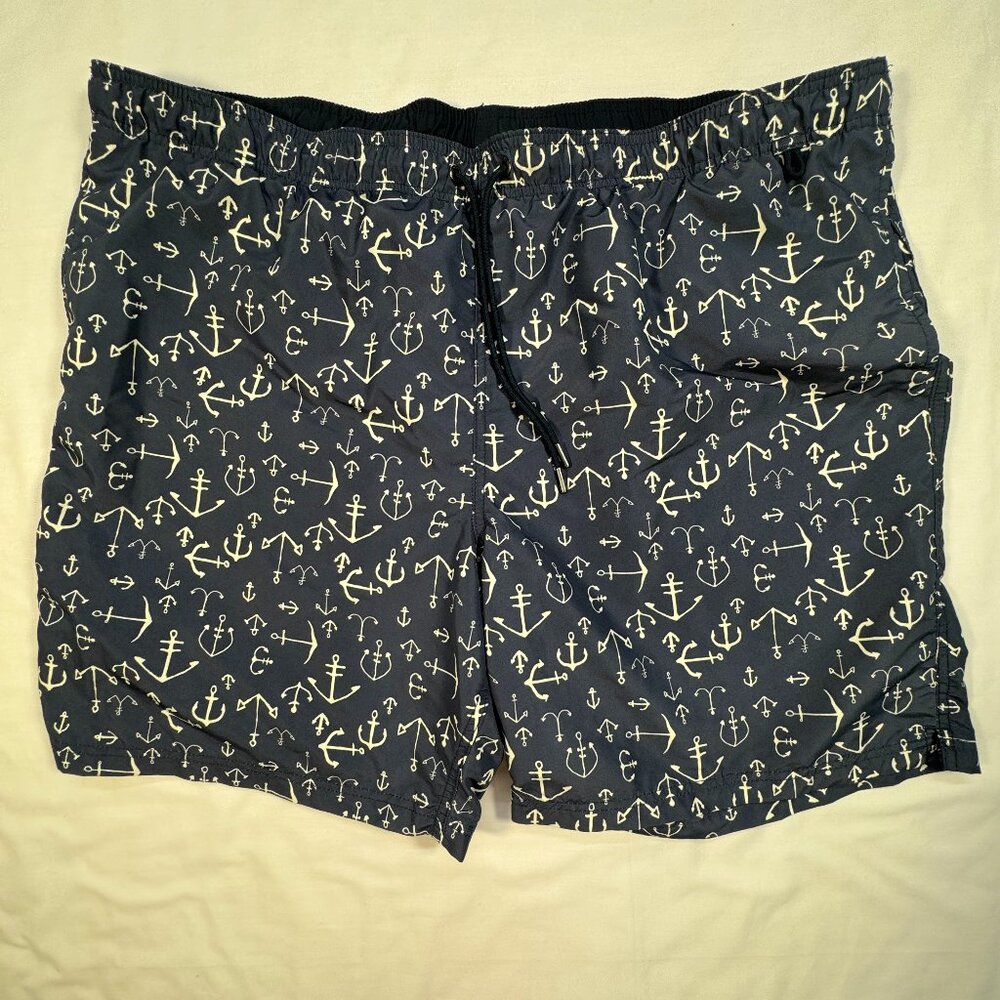 Lands' End Swim Trunks Men XXL Blue With Mesh Liner Anchor Pattern Nautical